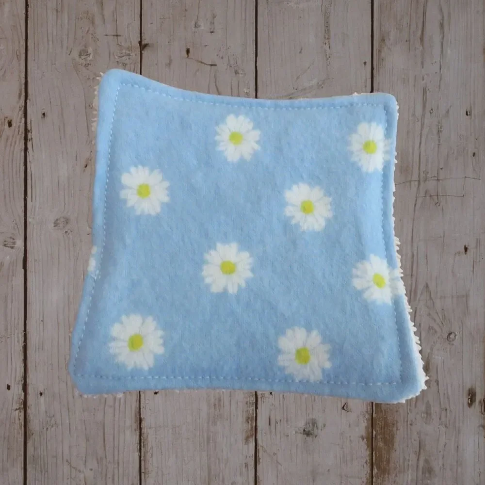 Handmade Makeup Remover Pads,  6 Blue Square Pads, Flannel and Terry Cloth